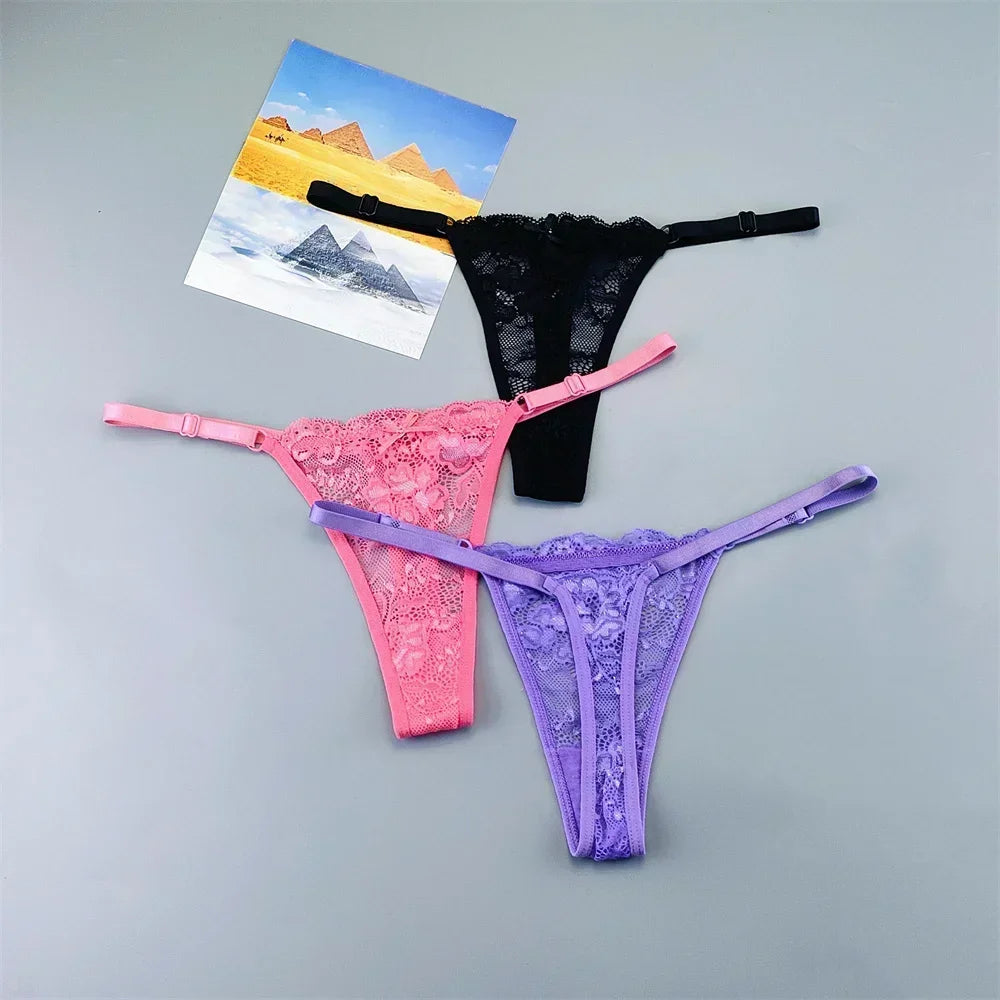 3PCS Adjustable Sexy Transparent Thong Panties Women Lace Underwear Low Waist Female T-back String Underpants