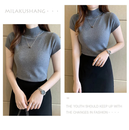 Half-High Neck T-Shirt Women's Fashion Jumper Casual Tops Korean Style Elegant Solid-Coloured Clothing Spring And Summer Season