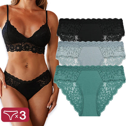 Sexy Perspective Women Back Lace Panties Patchwork Cotton Underpants Hollow Out Lingerie Underwear Comfortable Briefs 3PCS