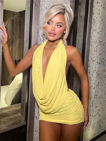 Kliou Mesh Swinging Pleated Women 2 Piece Set Summer Solid Simple Halter Backless Chic Tops+Shirring Mini Skirts Coordinate Suit