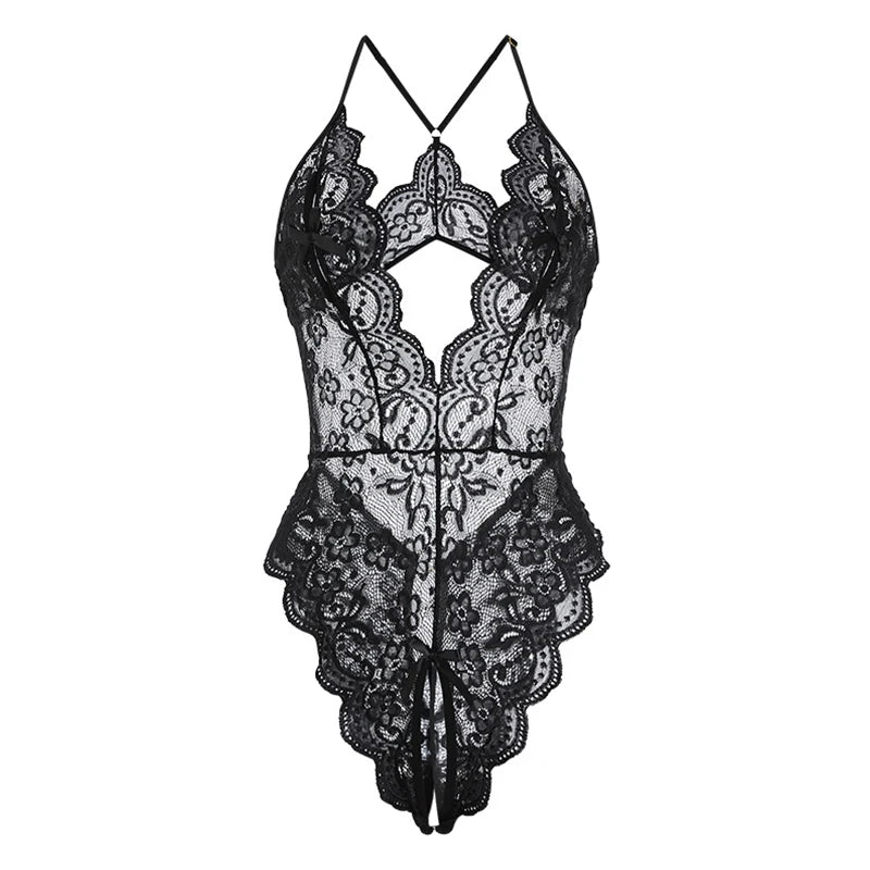 Women's Plus Size Babydoll Chemises Erotic Lingerie Sexy Crotchless Bodysuit Temptation Pajamas Lace V Neck Mini Baby Doll Dress