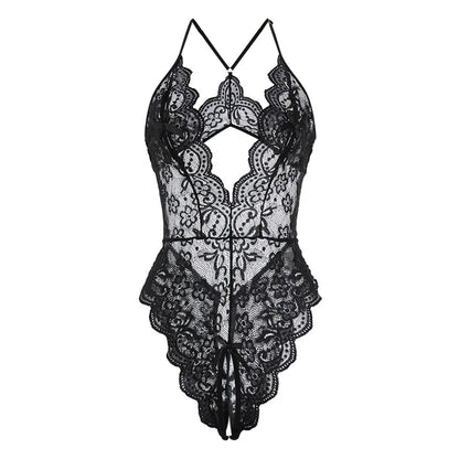 Women's Plus Size Babydoll Chemises Erotic Lingerie Sexy Crotchless Bodysuit Temptation Pajamas Lace V Neck Mini Baby Doll Dress