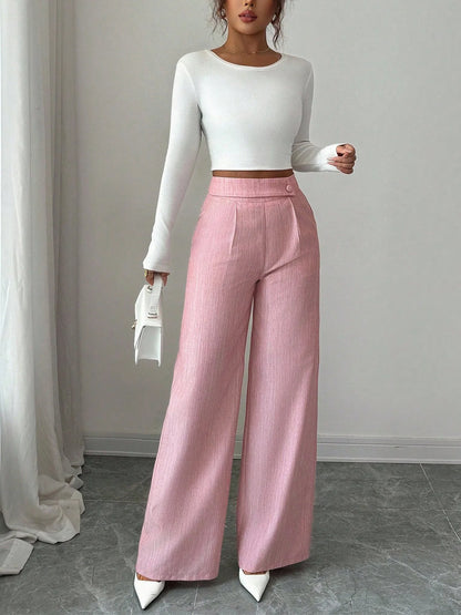 Women's High Waist Pink Waist Covered Button Design Elegant Casual Wear Loose Flowing Straight Pants