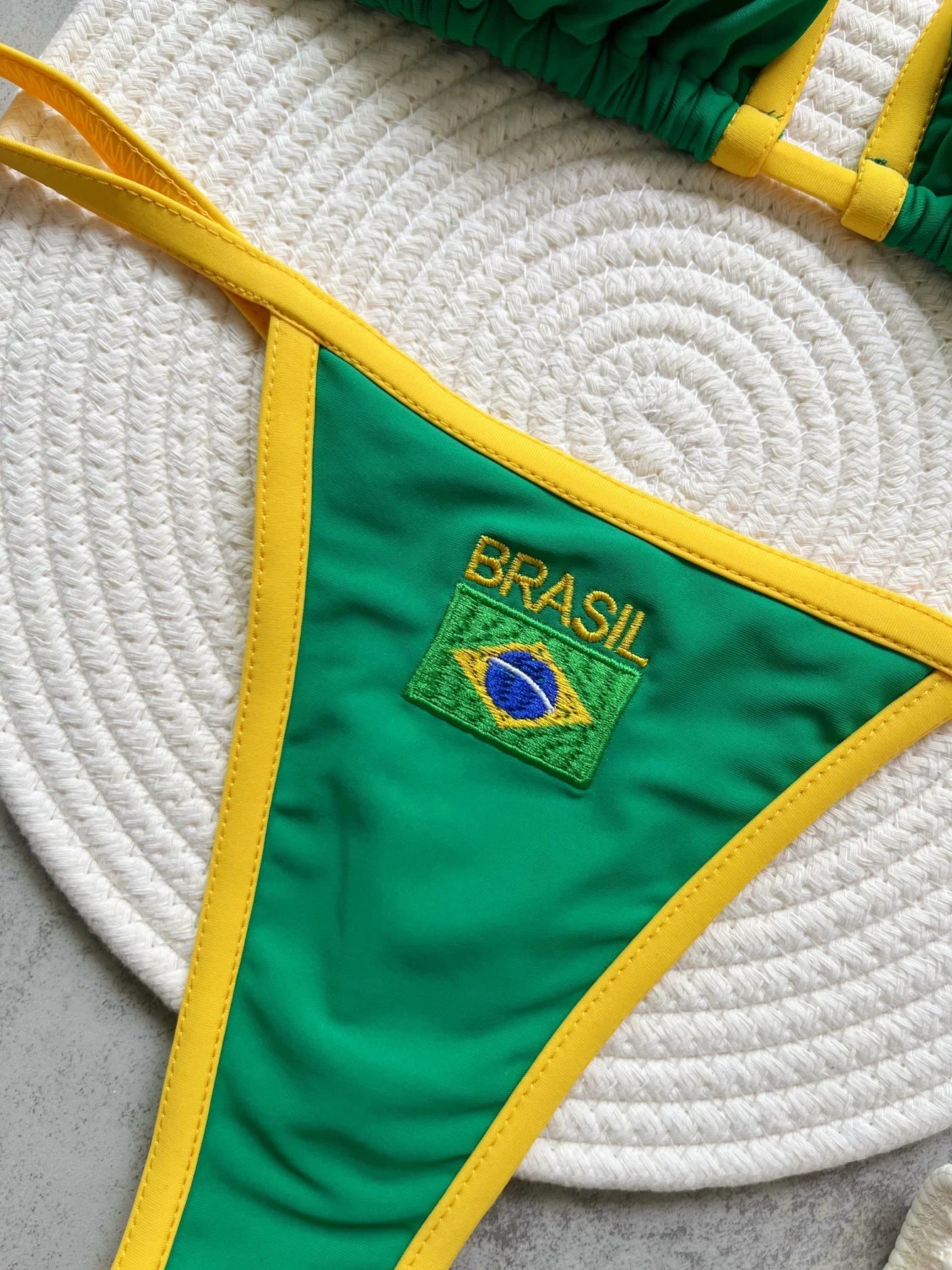 Embroidery Brasil Flag Contrast Split Bikini Set Women Swimwear Patchwork Swimsuit Hottie Outfit SummerBeachwear