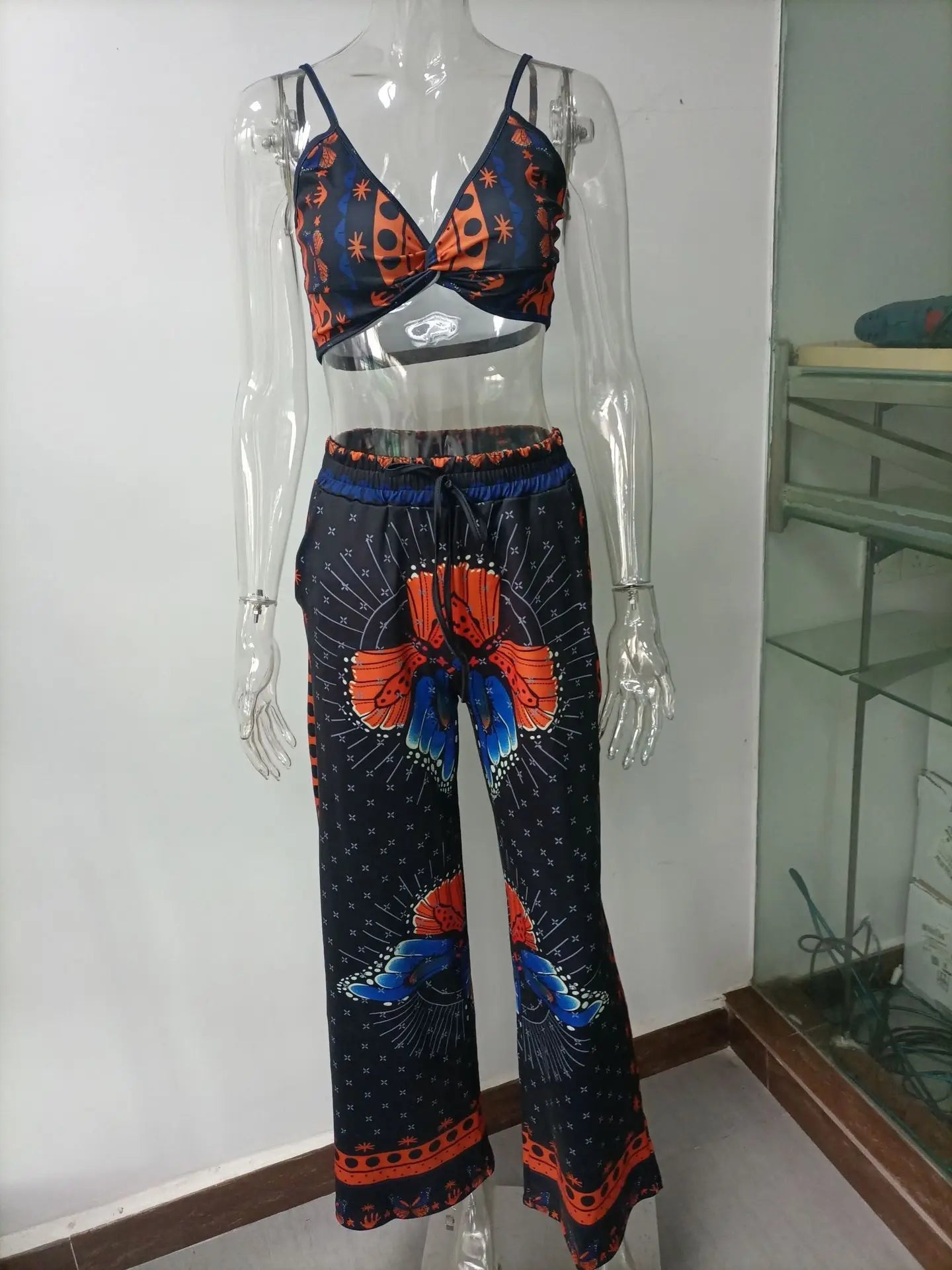Sexy Two Piece Set Women Outfit 2025 Summer Butterfly Print V-Neck Cropped Top High Waist Drawstring Casual Wide Leg Pants Sets