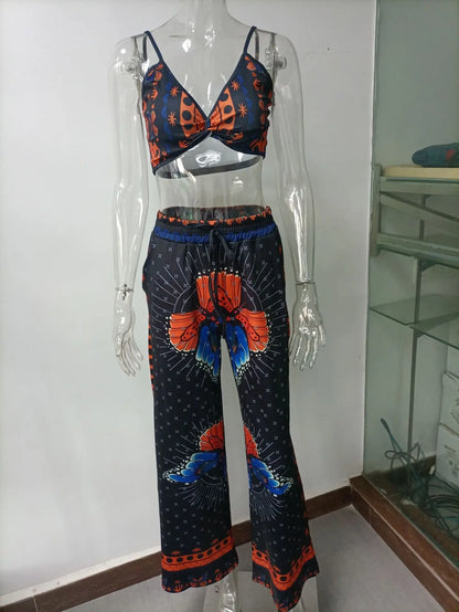 Sexy Two Piece Set Women Outfit 2025 Summer Butterfly Print V-Neck Cropped Top High Waist Drawstring Casual Wide Leg Pants Sets