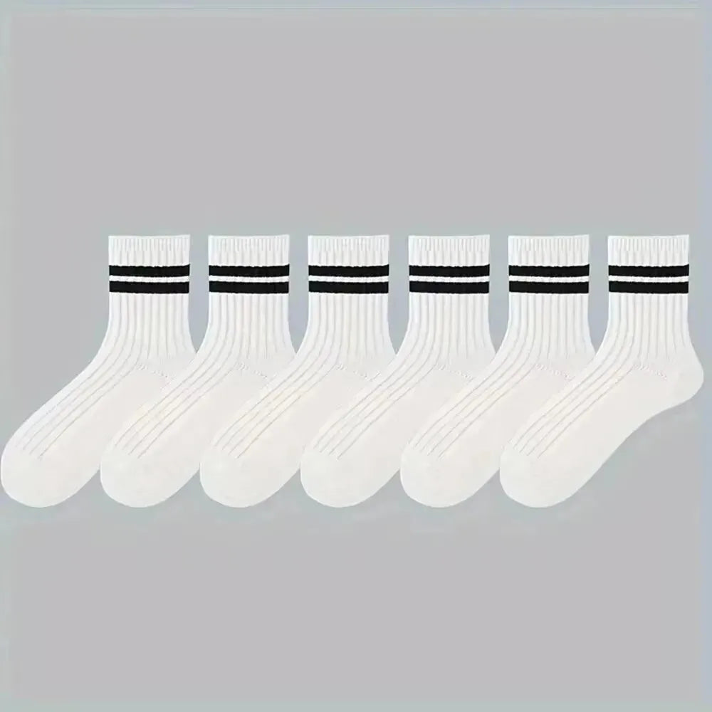 6 Pairs Men's Socks Spring Autumn Simple Casual Black White Striped Socks Breathable Mid Tube Sock High-quality Round Neck Socks