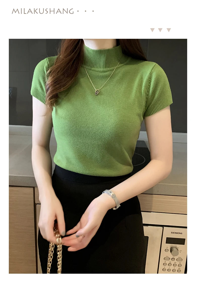 Half-High Neck T-Shirt Women's Fashion Jumper Casual Tops Korean Style Elegant Solid-Coloured Clothing Spring And Summer Season