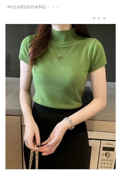 Half-High Neck T-Shirt Women's Fashion Jumper Casual Tops Korean Style Elegant Solid-Coloured Clothing Spring And Summer Season