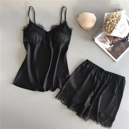 Women Pajama Suit Fashion V-Neck Lace Sexy Lingerie Pyjamas Sleep Shorts Set Sleepwear New