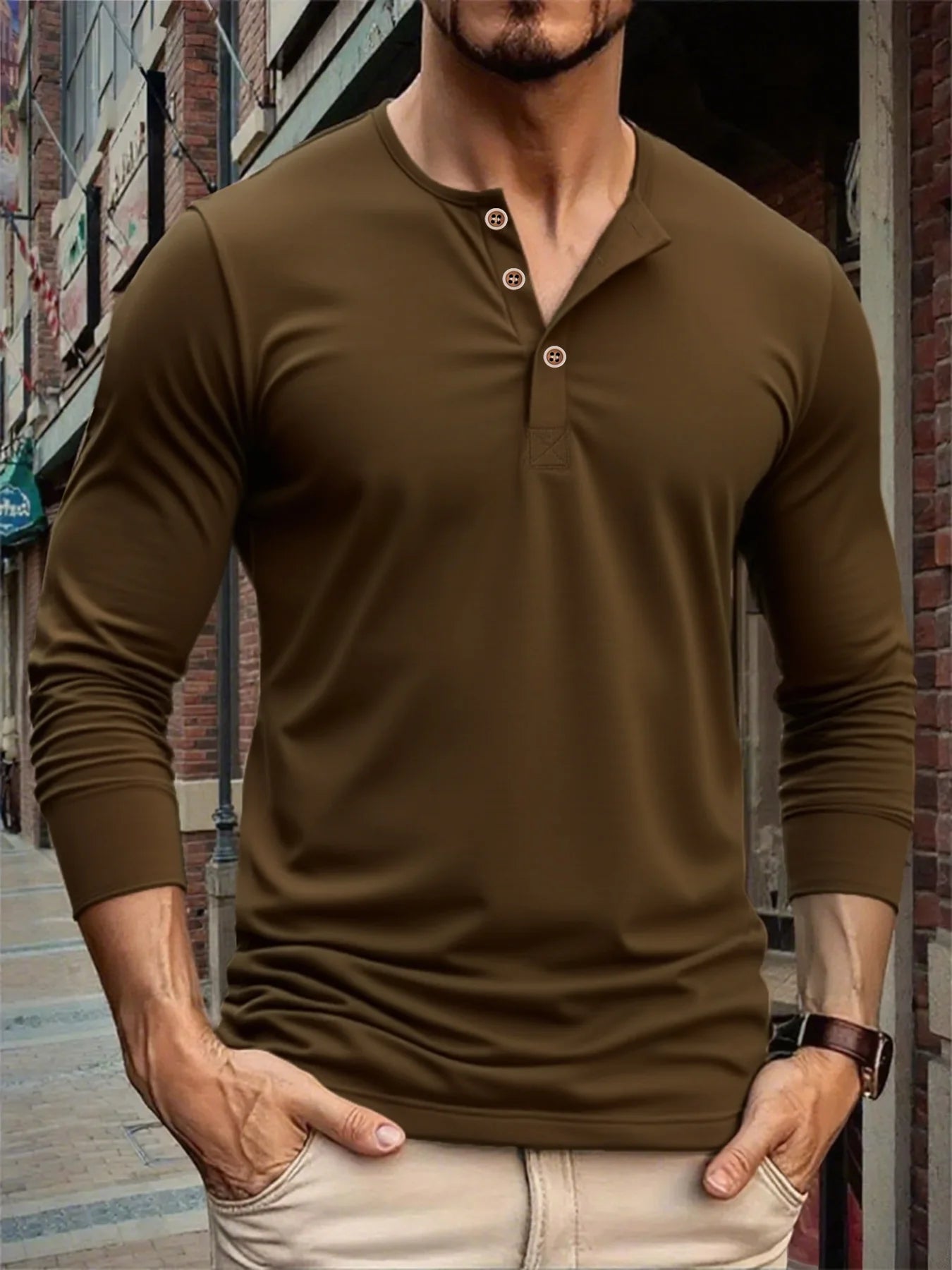 Autumn Men Button Long Sleeve Henley Neck T-Shirt Solid Color Casual Breathable Tops Street Tees Versatile Fashion Slim T-Shirts