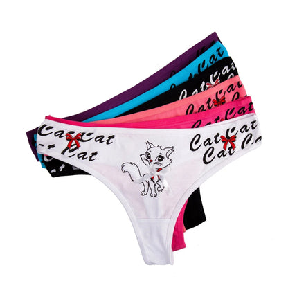 Sexy Thong 5 Pcs for Women Girls Cotton G-Strings Ladies Panties,Cute Cat Print Thongs