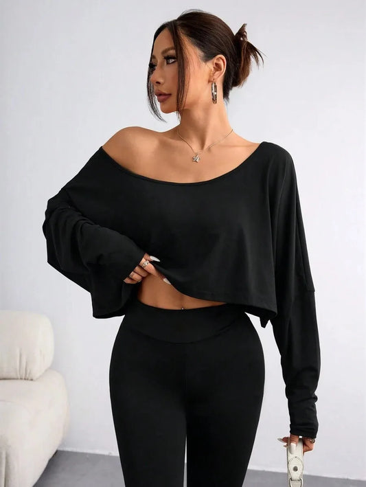 Women'S Black Long Sleeve Blouse T-shirt Casual Asymmetrical Neck Strapless Top for Sporty