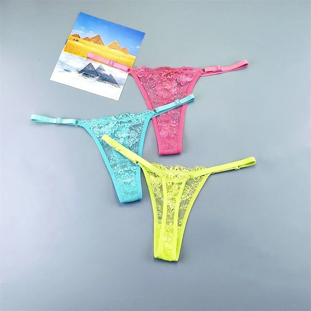 3PCS Adjustable Sexy Transparent Thong Panties Women Lace Underwear Low Waist Female T-back String Underpants