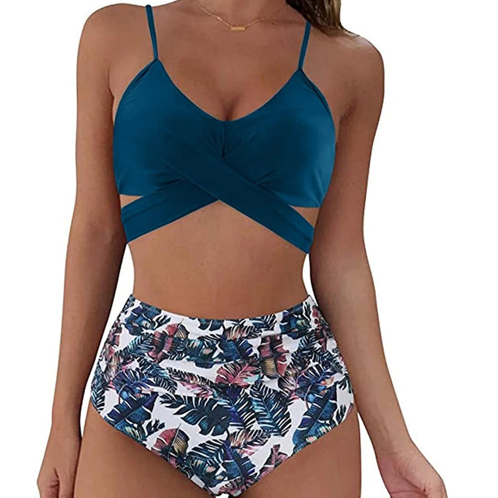 Hot 12 Colors Women Slim Bikini Sets High Waisted Sexy Swimwear 2 Pieces Solid/Floral Ruched Brazilian Swimsuit Cross Front