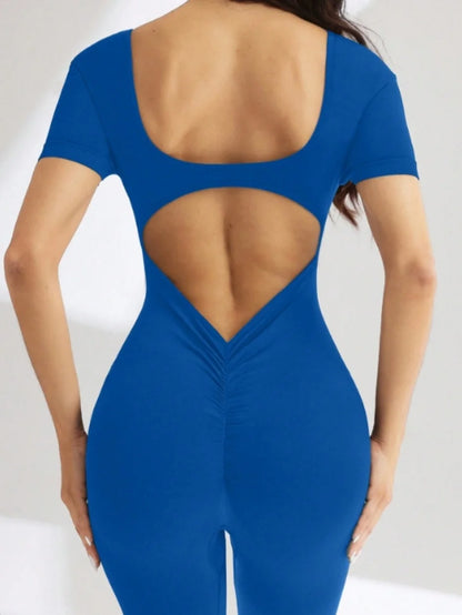 One piece seamless spandex U-neck short sleeved bodysuit with hip lifting, gym clothing, women's fitness jumpsuit