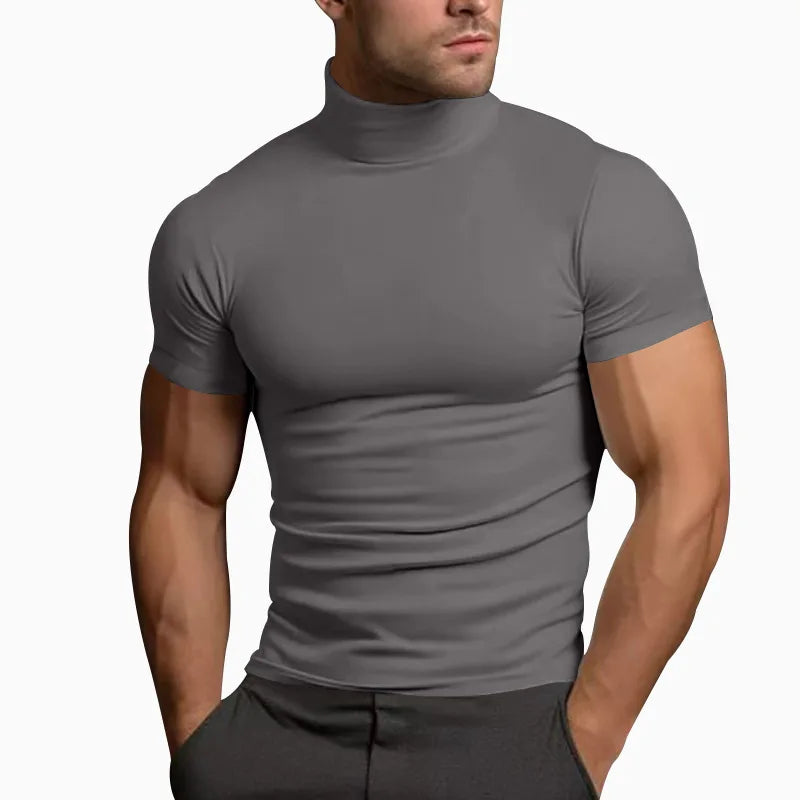 Cross-border Amazon summer solid color short-sleeved fashion bottoming shirt men's tight turtleneck T-shirt