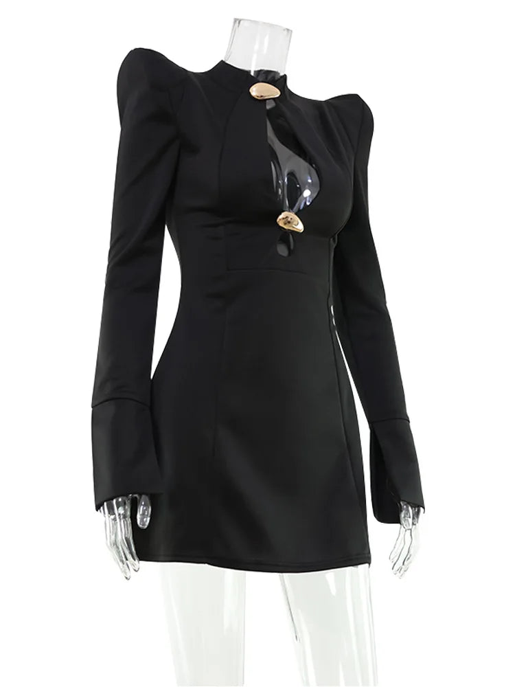 Ahagaga Elegant Women's Mini Dresses Solid Sexy Bodycon Slim Fit Hollow Out Regular Long Flare Sleeve A Line Trend Casual Female