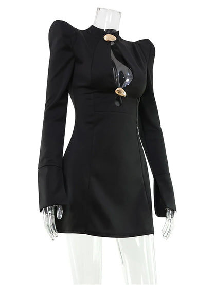 Ahagaga Elegant Women's Mini Dresses Solid Sexy Bodycon Slim Fit Hollow Out Regular Long Flare Sleeve A Line Trend Casual Female