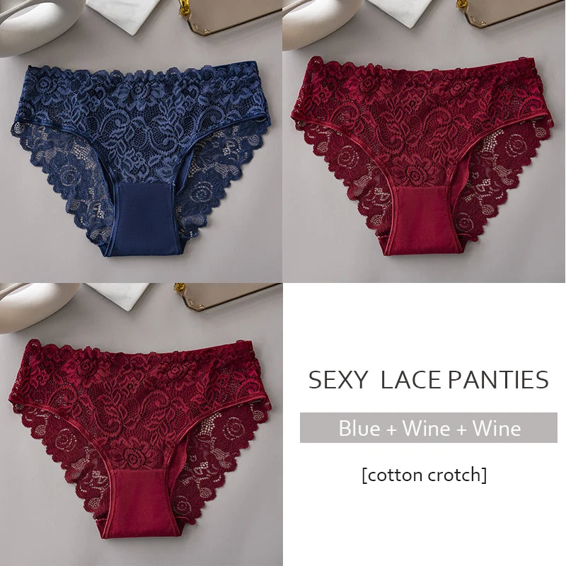 Luxury Floral Embroidery Lace Panties Women Briefs Sexy Hollow 3PCS Lingerie Female Underwear Ladies Breathable Underpants