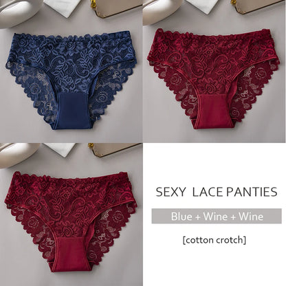 Luxury Floral Embroidery Lace Panties Women Briefs Sexy Hollow 3PCS Lingerie Female Underwear Ladies Breathable Underpants