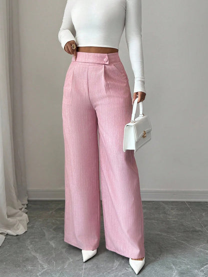 Women's High Waist Pink Waist Covered Button Design Elegant Casual Wear Loose Flowing Straight Pants