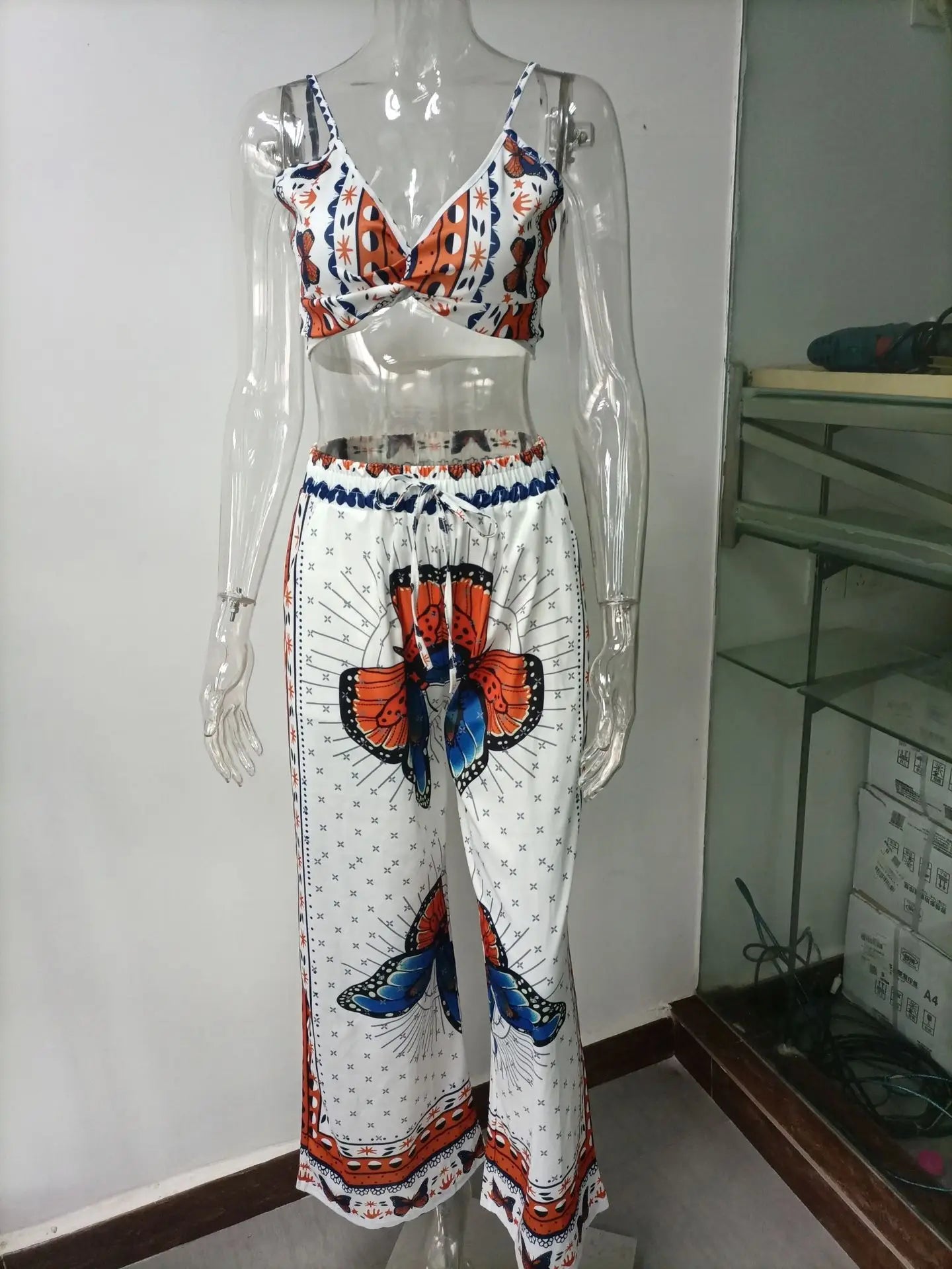 Sexy Two Piece Set Women Outfit 2025 Summer Butterfly Print V-Neck Cropped Top High Waist Drawstring Casual Wide Leg Pants Sets
