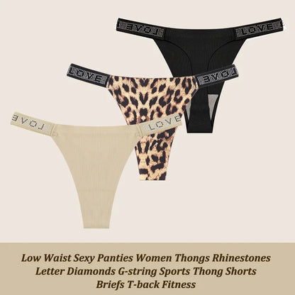 Low Waist Sexy Panties Women Thongs Rhinestones Letter Diamonds G-string Sports Thong Shorts Briefs T-back Size XS-XL 3Pcs