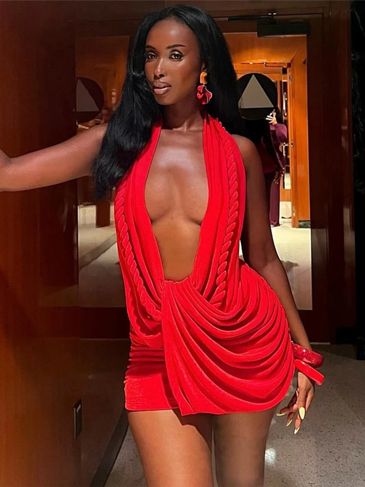 Weird Puss Halter Ruched Dress Women Sexy Whip Knot Backless Patchwork Elegant Stretch Christmas Peach Hip Birthday Mini Bodycon