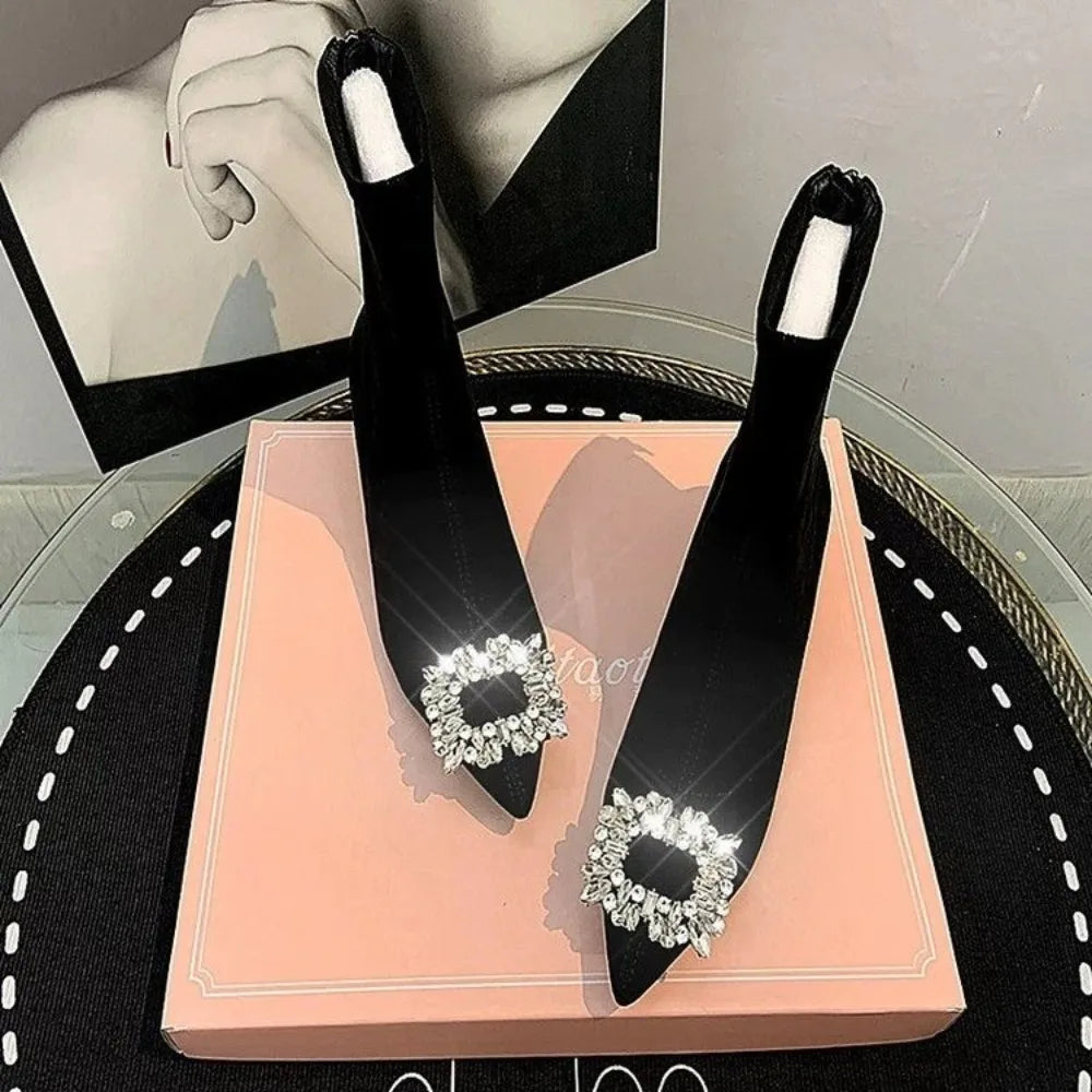 Ankle Boots Women Boots Women Shoes Woman Fashion High-heeled Pointed Flock Boots Spring Autumn Rhinestone Short Boots