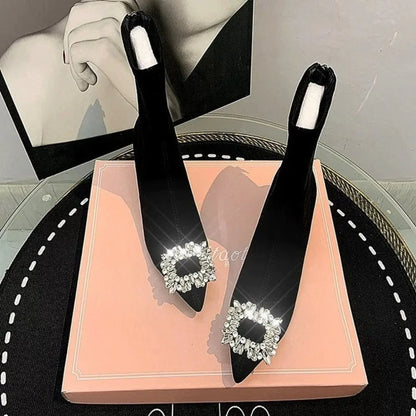 Ankle Boots Women Boots Women Shoes Woman Fashion High-heeled Pointed Flock Boots Spring Autumn Rhinestone Short Boots