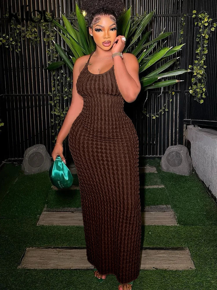 Kliou Solid Ruched Spaghetti Strap Bandage Maxi Dress Women Casual Sleeveless Backless Bodycon Ladies Party Streetwear Dresses