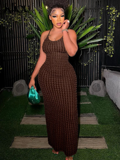 Kliou Solid Ruched Spaghetti Strap Bandage Maxi Dress Women Casual Sleeveless Backless Bodycon Ladies Party Streetwear Dresses