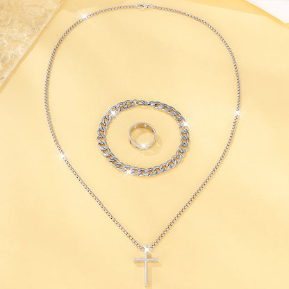 Men's 3pcs Fashion Alloy Jewelry Set - Cross Pendant Necklace, Bracelet & Ring Combo