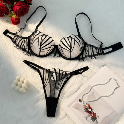 2-piece women's black scallop chest cup embroidered lingerie set, suitable for all seasons ZA825058