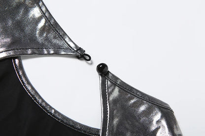 Sisterlinda Silky Shiny Playsuits Fashion Solid Stunning Reflective O-neck Backless Sleeveless Slim Rompers Mujer Party Clubwear