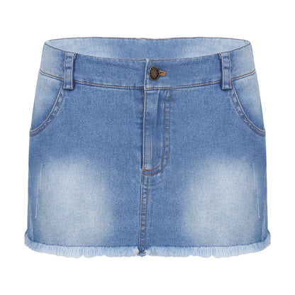 Women Summer Sexy Denim Skirt Fashion Frayed Hem Short Skirts Casual Mid Waisted Pockets Slim Fit Clubwear Solid Color Skirts