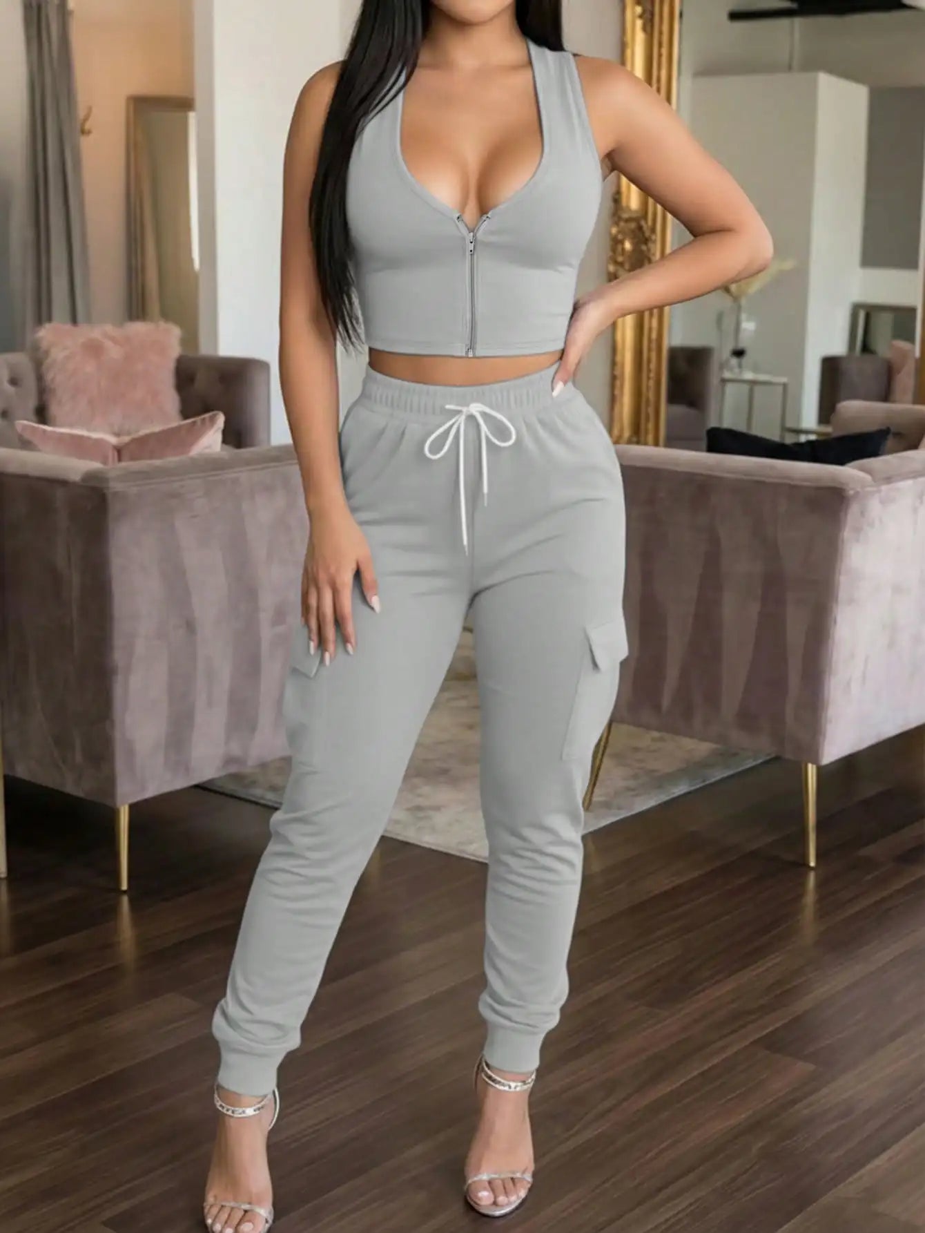 Women's 2-Piece Set: Sleeveless Zip Front Crop Top & Cargo Jogger Pants, Casual Summer Outfit