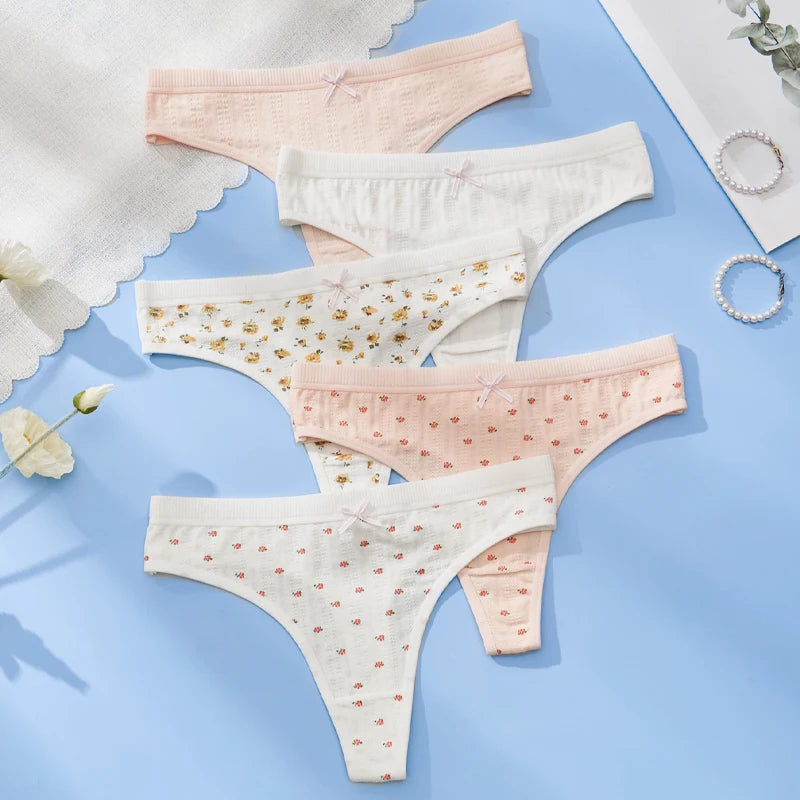 Sexy Women's Cotton Thong Panties 5pcs Low Rise Soft Comfortable Underwear Breathable Ladies Panties Bowknot for Everyday Wear