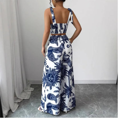 Sexy Strapback Halter Tops Long Pants Female 2-piece Set Summer Fashion Printed Wide-leg Pocket Trousers Elegant Women's Suit