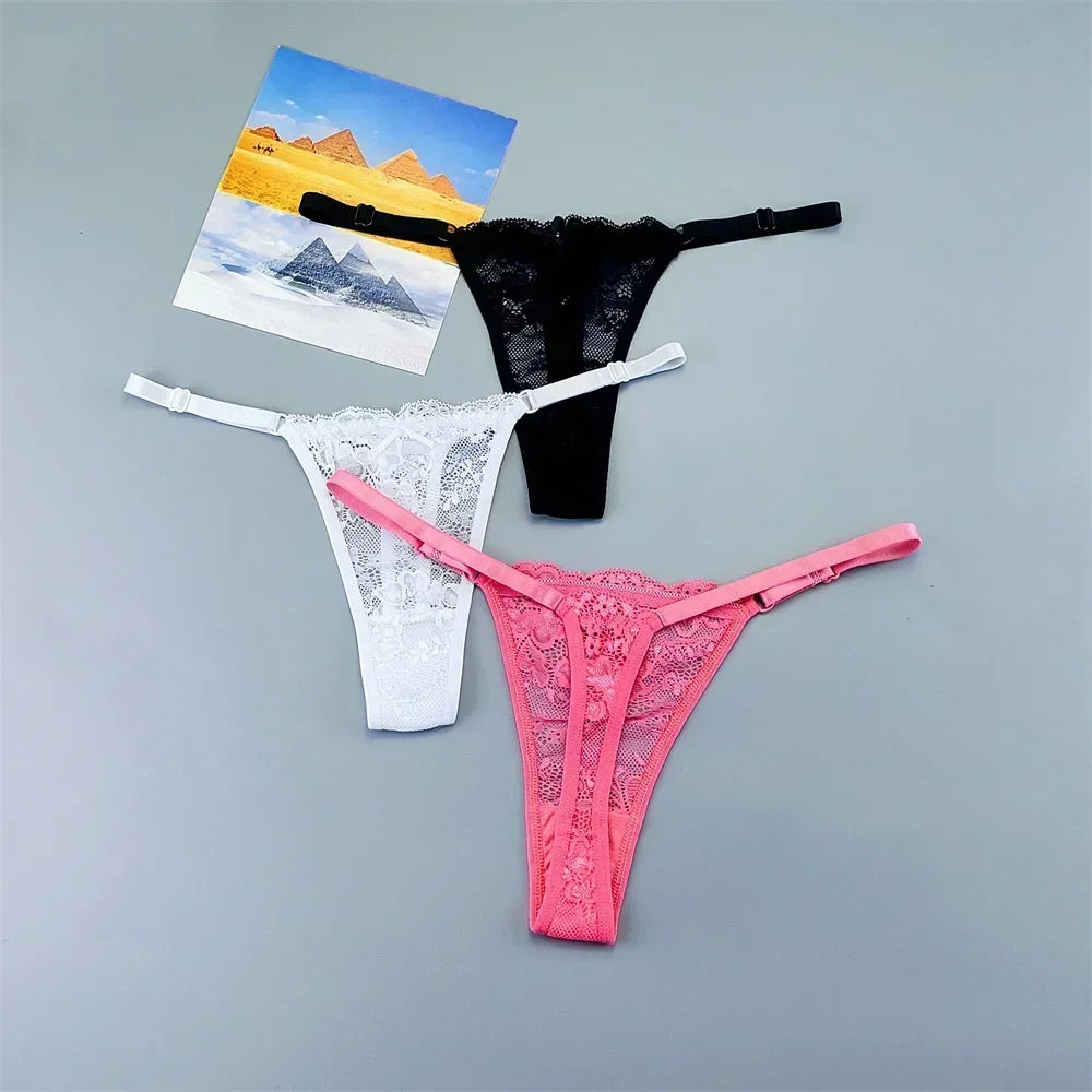 3PCS Adjustable Sexy Transparent Thong Panties Women Lace Underwear Low Waist Female T-back String Underpants