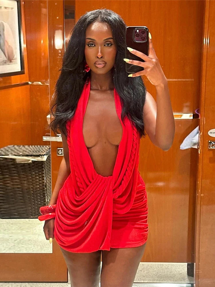 Weird Puss Halter Ruched Dress Women Sexy Whip Knot Backless Patchwork Elegant Stretch Christmas Peach Hip Birthday Mini Bodycon