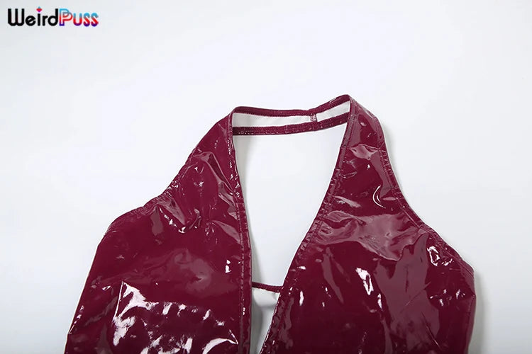 Weird Puss Faux Leather 2 Piece Set Women Sexy Low-Neck Halter Sleeveless Bodysuit+Zipper Waist Stretch Pant Clubwear Trend Suit