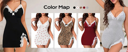 Sexy Night Gowns Lace Trim Sleep Dress V Neck Babydoll Chemise Dress Side Split Nighty