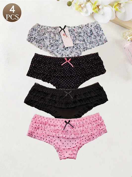 Cute dot small floral patterns  sweet knitted fabric with lace stitching  Women's low waist brief  Seamless  breathable  fa 4PCS