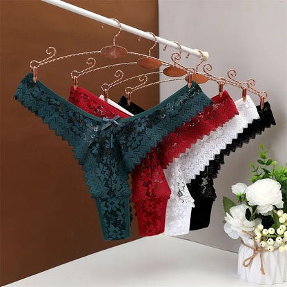 3PC Sexy T Back Woman Thong Panty Mid Waist Lace Panties Transparent Underwear "V-shape" Girls Erotic Panty
