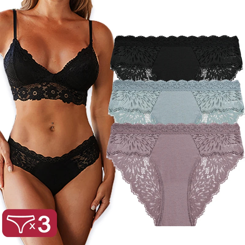 Sexy Perspective Women Back Lace Panties Patchwork Cotton Underpants Hollow Out Lingerie Underwear Comfortable Briefs 3PCS