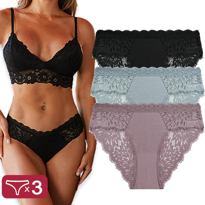Sexy Perspective Women Back Lace Panties Patchwork Cotton Underpants Hollow Out Lingerie Underwear Comfortable Briefs 3PCS