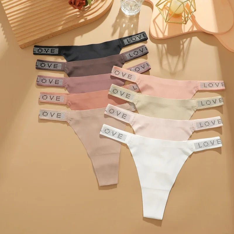Low Waist Sexy Panties Women Thongs Rhinestones Letter Diamonds G-string Sports Thong Shorts Briefs T-back Size XS-XL 3Pcs