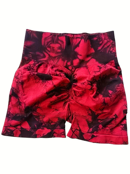 Tie-dye yoga sports suit with off-shoulder bra, removable chest pad, three-quarter shorts, peach line yoga sports suit